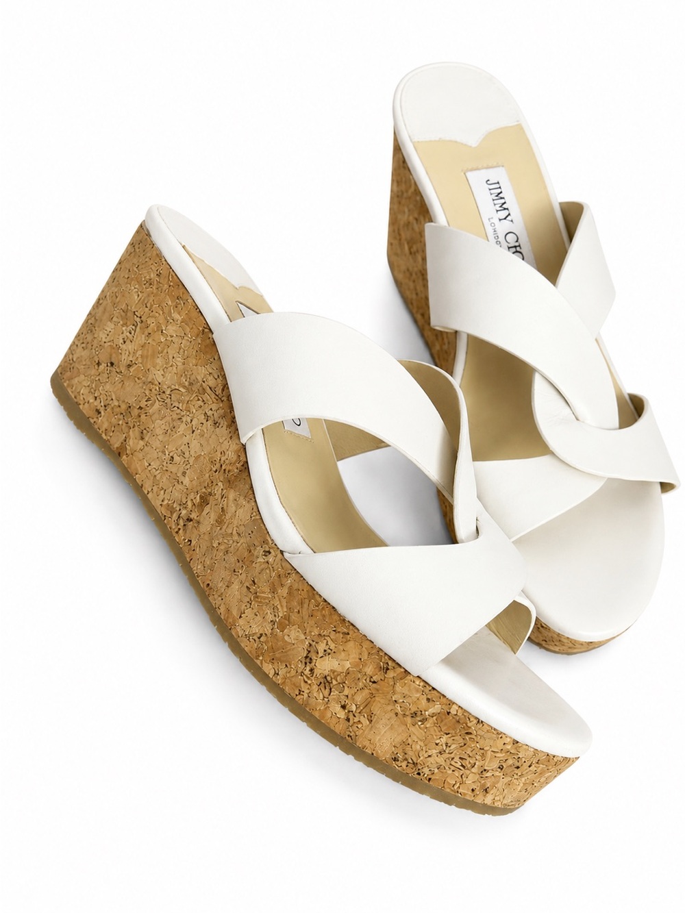 Jimmy Choo White Criss-Cross Strap Cork Wedge Sandals - Size 38u